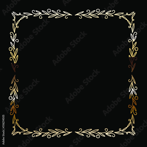 Golden Luxury Calligraphic Frame. Hand Drawn Golden Shiny Border for Menu, Sertificate, Greeting Cards or Classic Wedding Design. Vector Illustration.