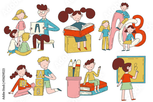 Hand drawn flat set of illustrations. Foreign language learning group, native speaker course, professional translator, easy english, online education abstract metaphor.