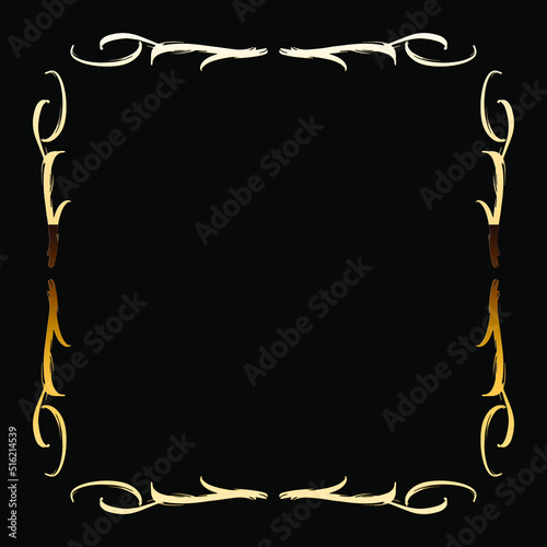 Golden Luxury Calligraphic Frame. Hand Drawn Golden Shiny Border for Menu, Sertificate, Greeting Cards or Classic Wedding Design. Vector Illustration.