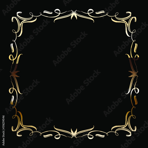 Golden Luxury Calligraphic Frame. Hand Drawn Golden Shiny Border for Menu, Sertificate, Greeting Cards or Classic Wedding Design. Vector Illustration.
