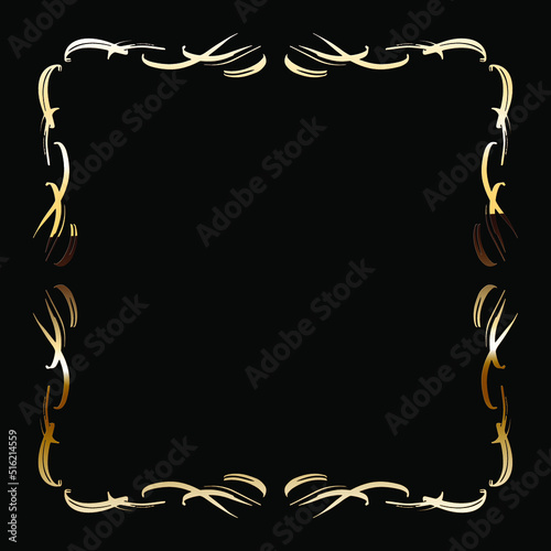 Golden Luxury Calligraphic Frame. Hand Drawn Golden Shiny Border for Menu, Sertificate, Greeting Cards or Classic Wedding Design. Vector Illustration.