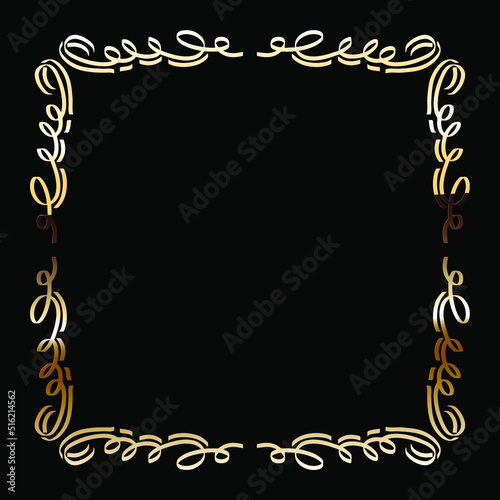 Golden Luxury Calligraphic Frame. Hand Drawn Golden Shiny Border for Menu, Sertificate, Greeting Cards or Classic Wedding Design. Vector Illustration.