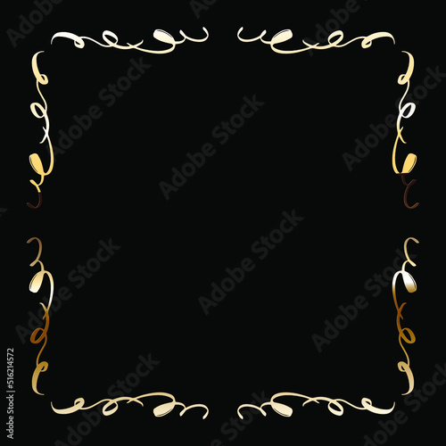 Golden Luxury Calligraphic Frame. Hand Drawn Golden Shiny Border for Menu, Sertificate, Greeting Cards or Classic Wedding Design. Vector Illustration.
