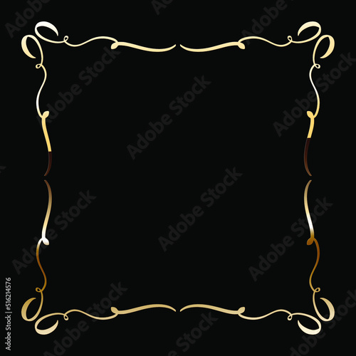 Golden Luxury Calligraphic Frame. Hand Drawn Golden Shiny Border for Menu, Sertificate, Greeting Cards or Classic Wedding Design. Vector Illustration.