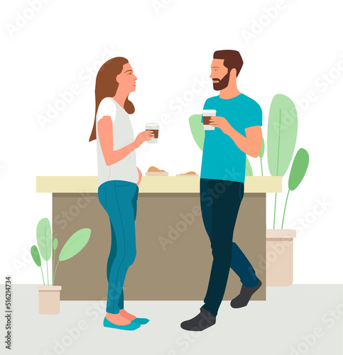 Business conversation illustration. A male office worker and a female office worker are drinking coffee and talking during a break. Coffee take away