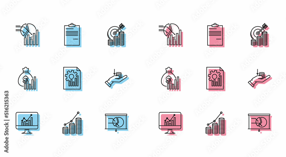 Set line Computer monitor with graph chart, Pie infographic and coin, Board, Document, Money hand, bag diagram and icon. Vector