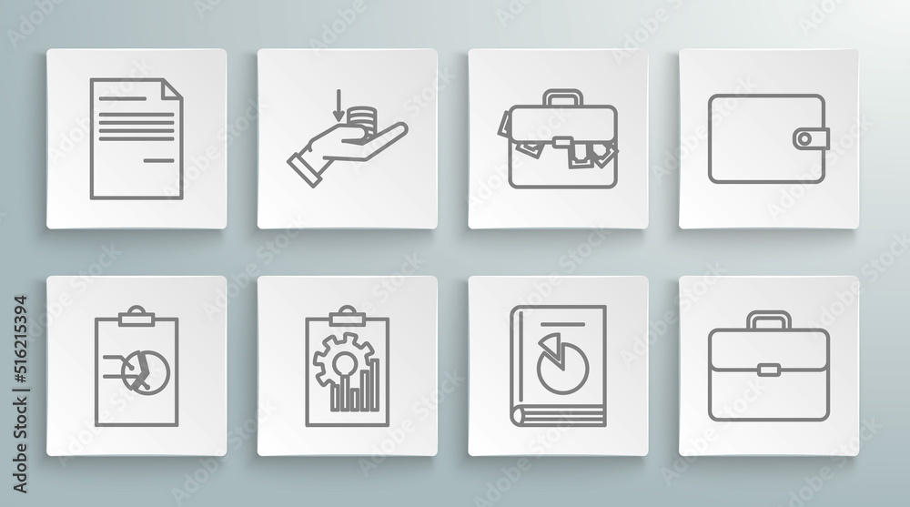 Set line Clipboard with graph chart, Money on hand, User manual, Briefcase, money, Wallet and Document icon. Vector Set line Clipboard with graph chart, Money on hand, User manual, Briefcase, money, Wallet and Document icon. Vector