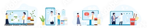 Telemedicine concept. Clinical worker, doctors communication with patients. Online medical help with computer or phone. Internet consultation recent vector set