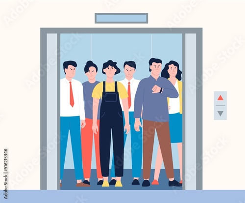 Crowd in elevator. Young persons inside hotel or office mall lift with open doors. People standing and wait lifting. Workers at morning, everyday recent vector routine