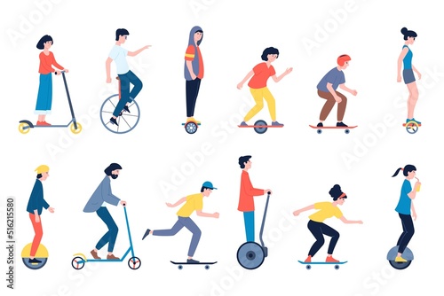People riding skateboard. Teenage safety ride on segway and wheel transport. Person on skateboards and electric kick scooter. Personal alternative transport recent vector set