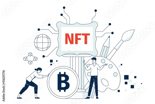 Nft art concept. Innovation artistic, money token transfer. Digital culture sale, future exhibit create. Cryptocurrency and virtual pictures recent vector scene