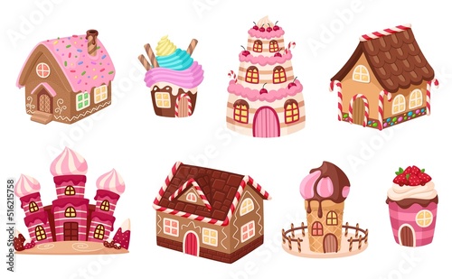 Cartoon candy homes. Game gingerbread house, chocolate cupcake building. Isolated delicious desserts, biscuit cream fairytale city garish vector elements