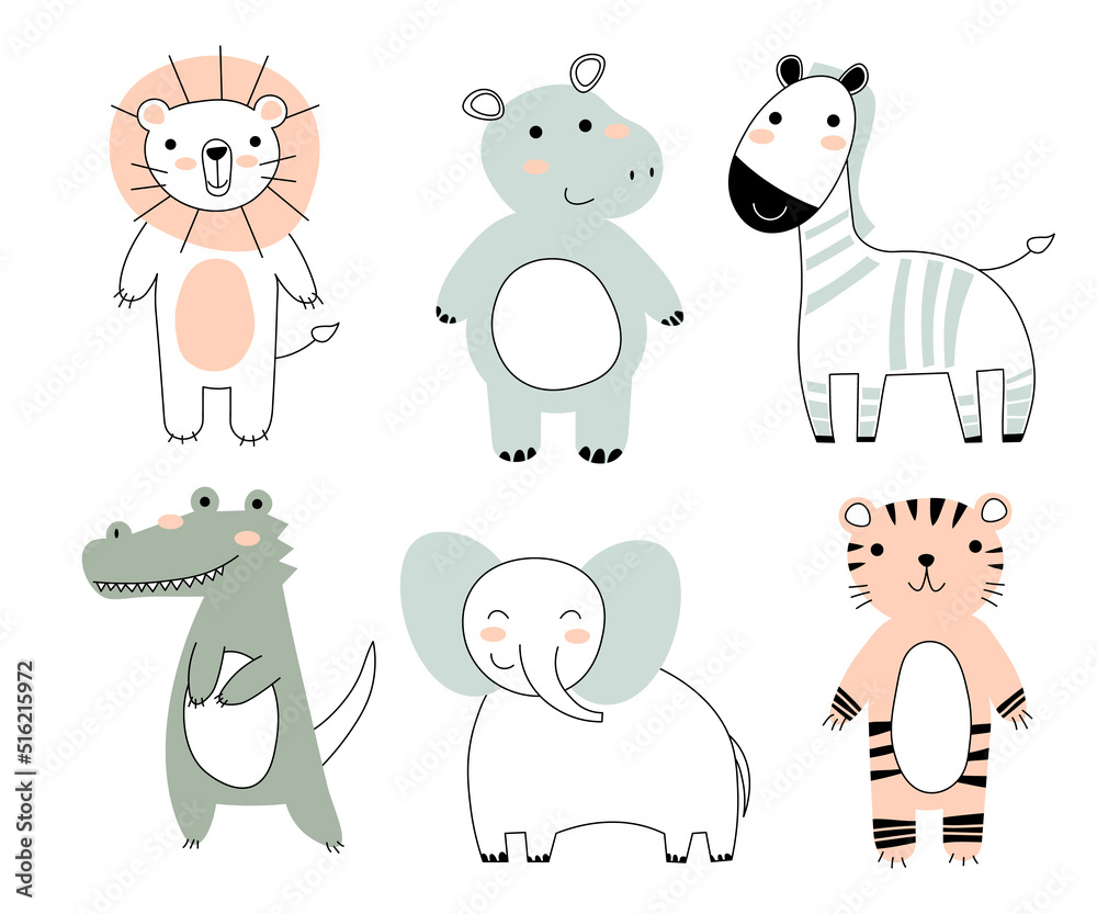 Cute wild animals line set including lion, tiger, hippo, zebra, crocodile, and elephant. Safari jungle animals vector. Africa animal illustration. EPS