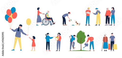 Isolated volunteers community. Volunteer help, people working in social support for seniors, pets and child. Volunteering charity recent vector characters