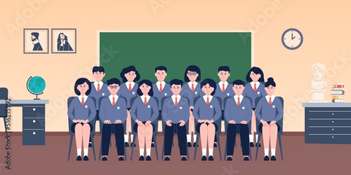 Student class portrait. Smile adolescent with classmates, school young teens in uniform sitting in classroom. Joyful memories recent vector concept