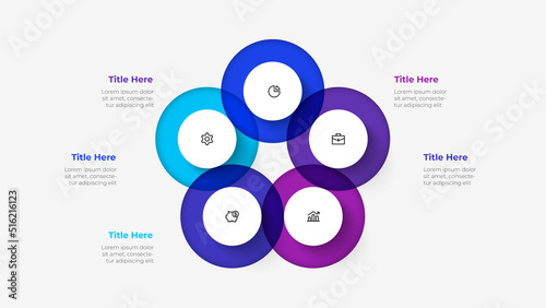 Diagram with five steps. Slide for business presentation. Cycle infographic element divided into 5 options.