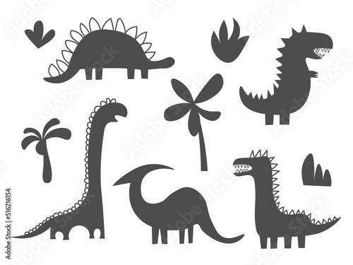 Dinosaur black silhouette set. Reptile shape collection, predators and herbivores dino. Funny dinosaurs. Kids design for fabric or textile. Vector illustration isolated EPS