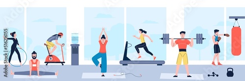 People at gym. Sport exercise indoors, guys active fit workout. Strength and cardio training with weight, yoga class and athlete recent vector person