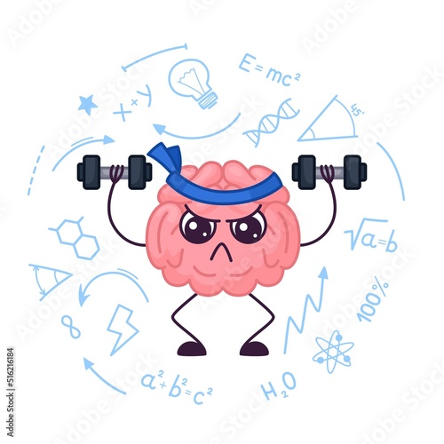 Strong brain training. Knowledge power practice, cartoon inner organ doing sport exercise. Funny human mind gym, smart garish vector mental health