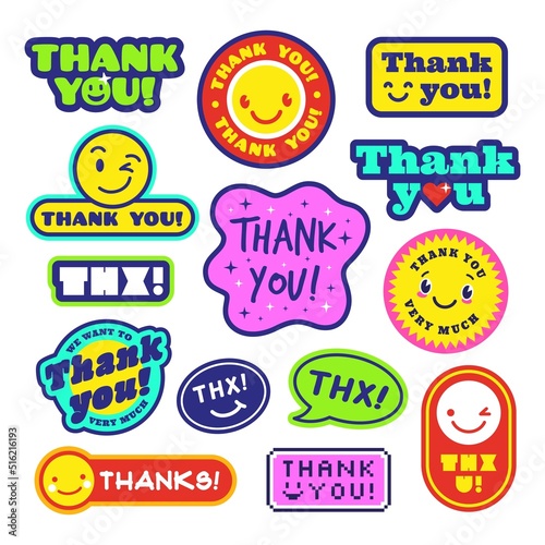 Thank you stickers. Thanks sticker collection with smile faces. Flat cool trendy thanksgiving patches. Psychedelic creative stamps tidy vector collection