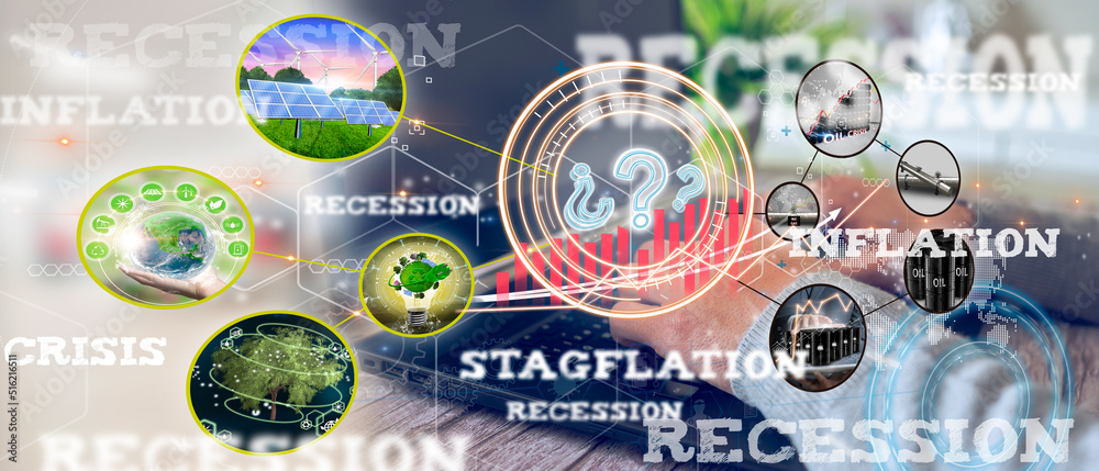 Fototapeta premium Businessman representing recessionary, stagflation or inflation economies with graphs of the stock market as a concept of raw material. Financial world crisis concept. Down of oil price, market declin