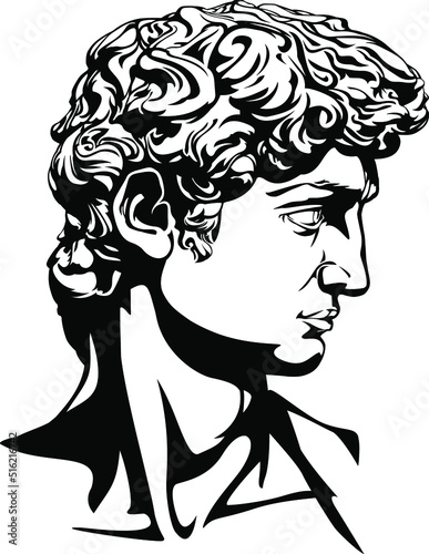 Head of Michelangelo's David. Vector drawing. Black and white graphics.