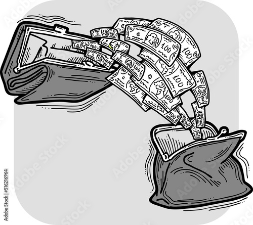Money cash flying into and out of wallet. Income transfer, currency revenue, inflation and deflation, finance and business theme. Hand drawing vector illustration. Cartoon style line drawing.