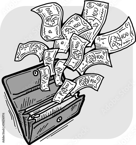 Money cash flying into and out of wallet. Income transfer  currency revenue  inflation and deflation  finance and business theme. Hand drawing vector illustration. Cartoon style line drawing.