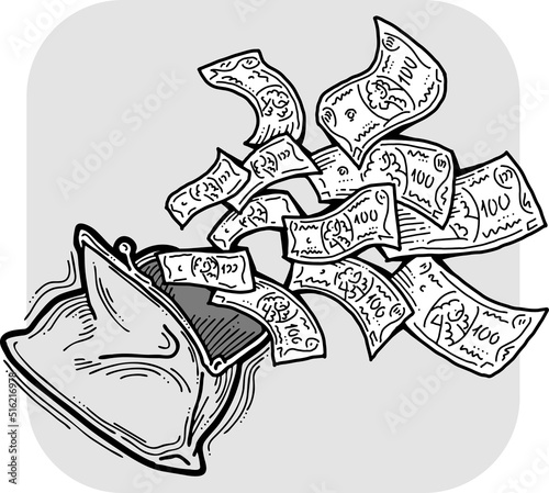 Money cash flying into and out of wallet. Income transfer, currency revenue, inflation and deflation, finance and business theme. Hand drawing vector illustration. Cartoon style line drawing.