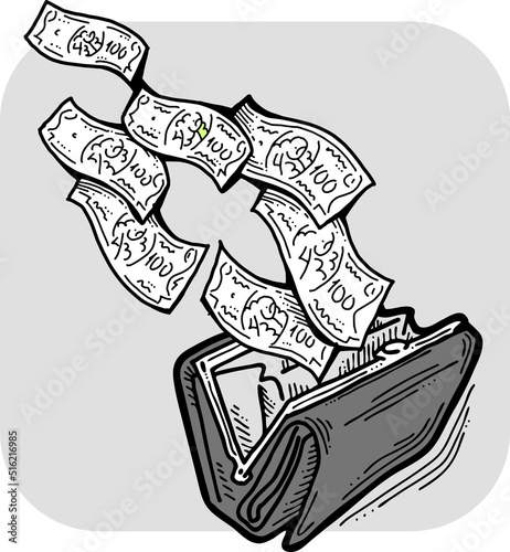 Money cash flying into and out of wallet. Income transfer, currency revenue, inflation and deflation, finance and business theme. Hand drawing vector illustration. Cartoon style line drawing.