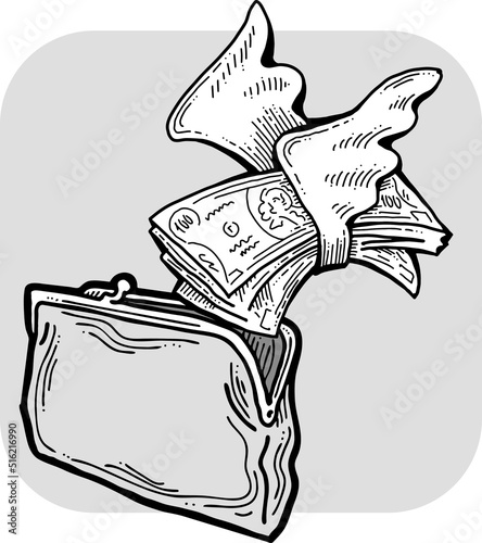 Money cash flying into and out of wallet. Income transfer, currency revenue, inflation and deflation, finance and business theme. Hand drawing vector illustration. Cartoon style line drawing.