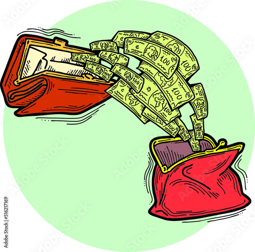 Money cash flying into and out of wallet. Income transfer, currency revenue, inflation and deflation, finance and business theme. Hand drawing vector illustration. Cartoon style line drawing.