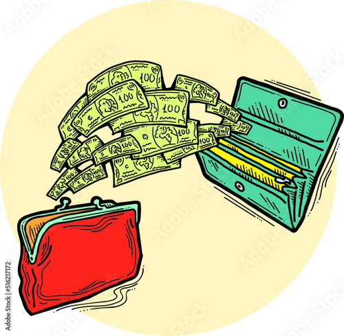 Money cash flying into and out of wallet. Income transfer, currency revenue, inflation and deflation, finance and business theme. Hand drawing vector illustration. Cartoon style line drawing.