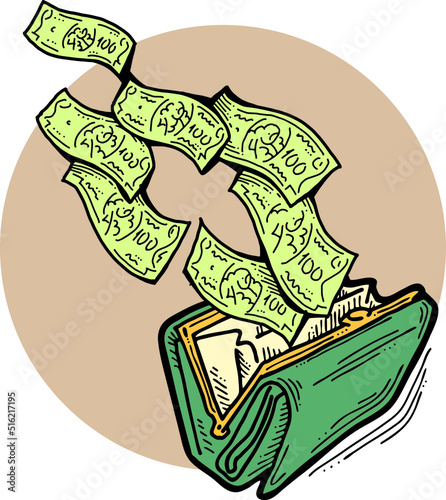 Money cash flying into and out of wallet. Income transfer, currency revenue, inflation and deflation, finance and business theme. Hand drawing vector illustration. Cartoon style line drawing.