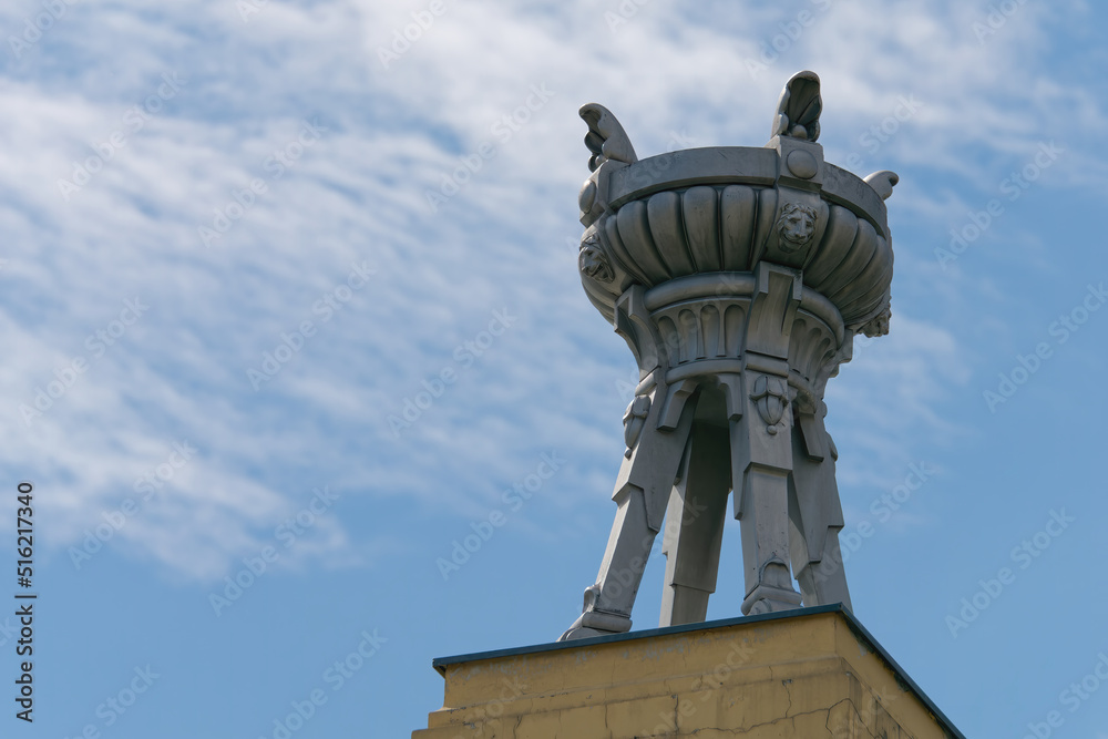 Close-up photo of the chalice sculpture on top of the Art Pavilion Zagreb, Croatia