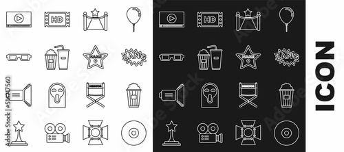 Set line CD or DVD disk, Carpet with barriers and star, soda drink glass, 3D cinema glasses, Online play video and Hollywood walk of fame celebrity boulevard icon. Vector