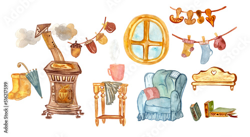 Watercolor set of home comfort elements
