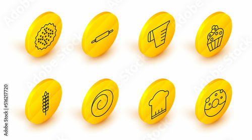 Set line Donut with sweet glaze, Chef hat, Roll bun cinnamon, Cereals rice, wheat, corn, oats, rye, Cupcake, Measuring cup, Rolling pin and Cracker biscuit icon. Vector
