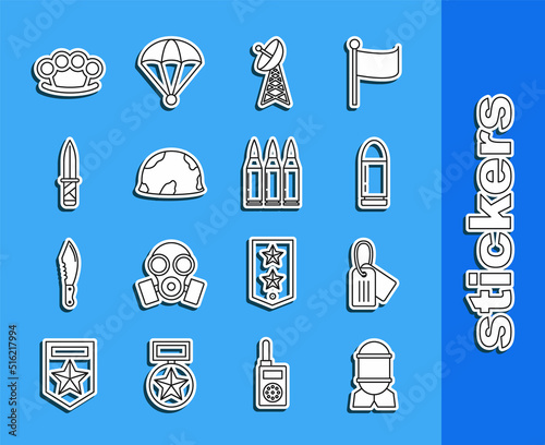 Set line Aviation bomb, Military dog tag, Bullet, Radar, helmet, knife, Brass knuckles and icon. Vector