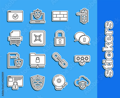 Set line Cloud and shield, Password protection safety access, Protection of personal data, Bricks, Safe, Paper shredder confidential, Secure your site with HTTPS, SSL and Lock icon. Vector