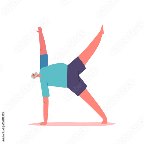 Grandfather Doing Asana Or Gymnastics. Elderly Male Character Stretching, Pilates Practice Or Yoga Healthy Exercises