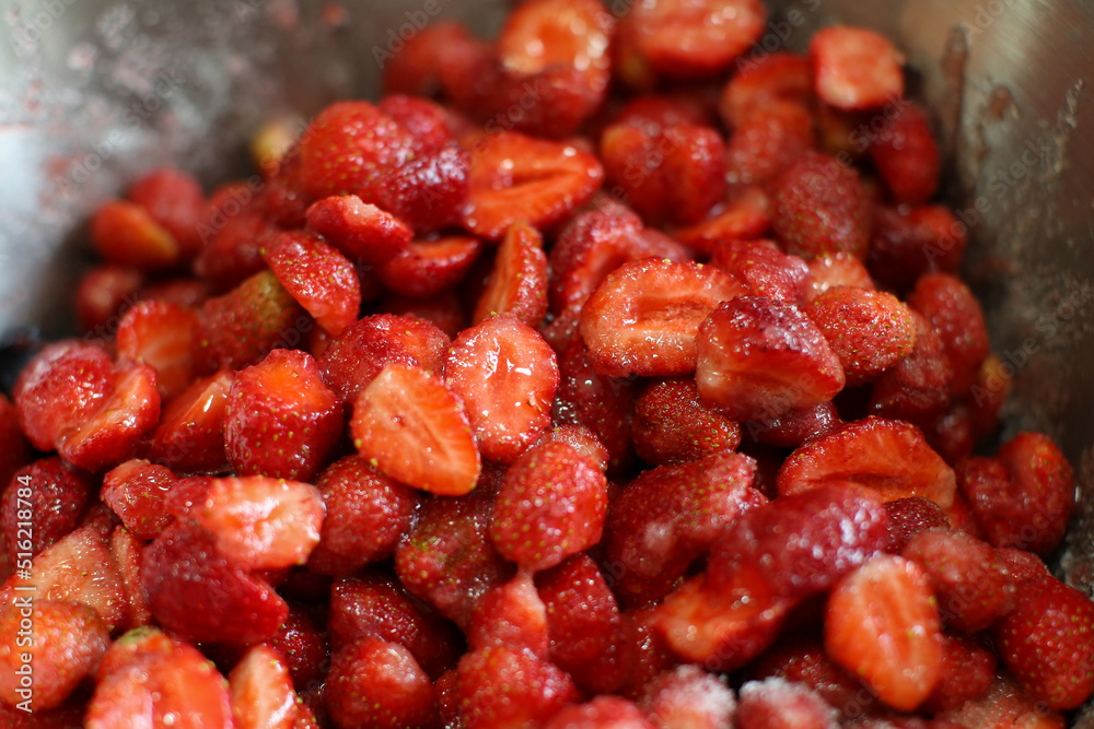 ripe strawberries with sugar in a bowl ripe strawberries with sugar in a bowl