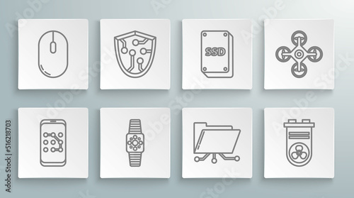 Set line Mobile and graphic password protection, Cyber security, Smartwatch, Folder lock, Video card, SSD, Drone and Computer mouse icon. Vector