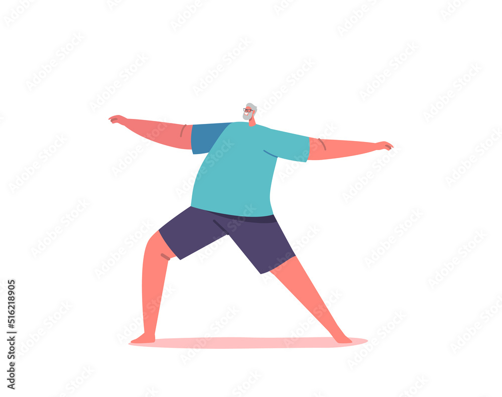 Fototapeta premium Elderly Male Character Stand in Warrior Yoga Asana Pose. Old Man in Sports Wear Training, Doing Practice, Active Life