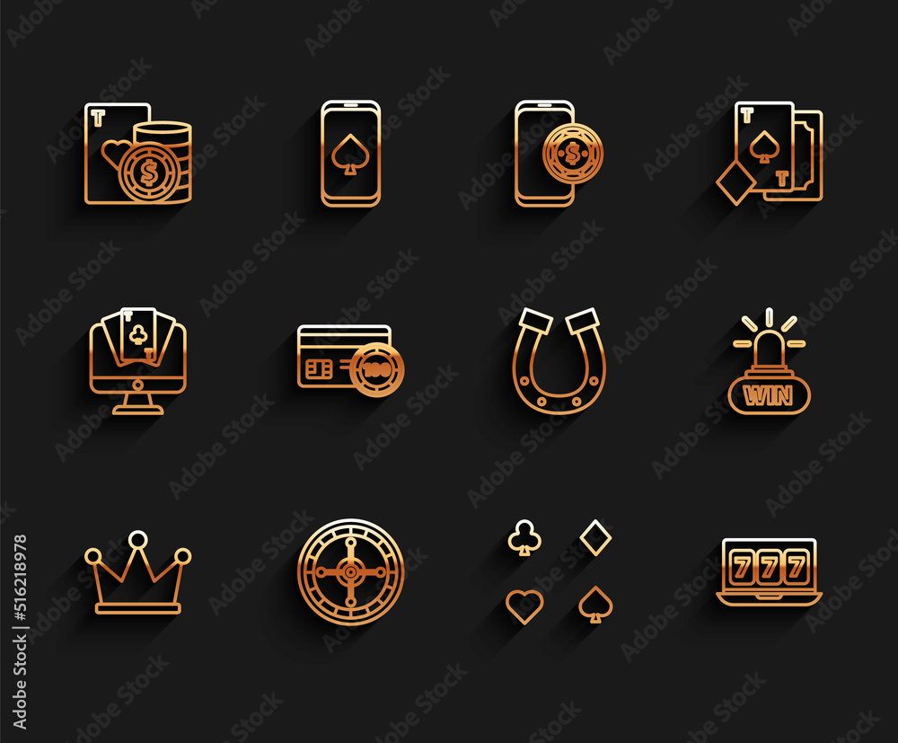 Set line Crown, Casino roulette wheel, chip and playing cards, Playing, Online slot machine with lucky sevens jackpot, Credit, win and Horseshoe icon. Vector Set line Crown, Casino roulette wheel, chip and playing cards, Playing, Online slot machine with lucky sevens jackpot, Credit, win and Horseshoe icon. Vector