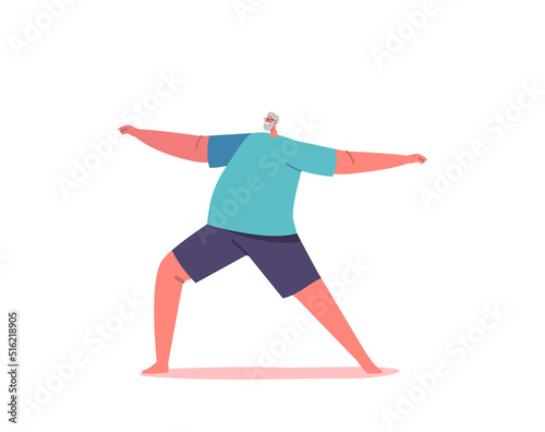 Elderly Male Character Stand in Warrior Yoga Asana Pose. Old Man in Sports Wear Training, Doing Practice, Active Life