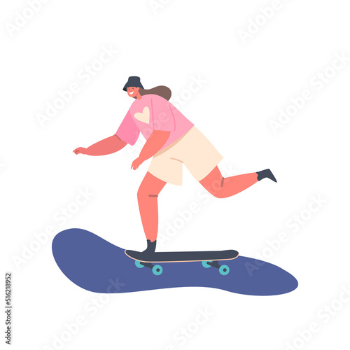Little Girl Skating And Jumping On Skateboard In Park. Child Skateboarding Hobby. Kid Female Character Perform Stunts