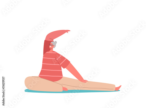 Senior Female Character in Sportswear Engage Yoga Practice Isolated on White Background. Old Woman Sitting on Mat