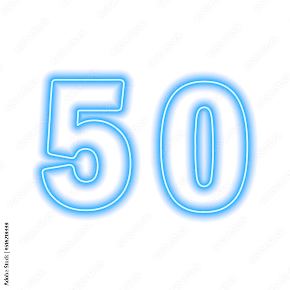 Neon blue number 50 isolated on white. Serial number, price, place Neon blue number 50 isolated on white. Serial number, price, place