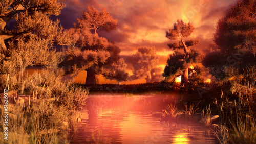 Beautiful gold sunrise forest lake nature bg - nature 3D rendering © Dancing Man
